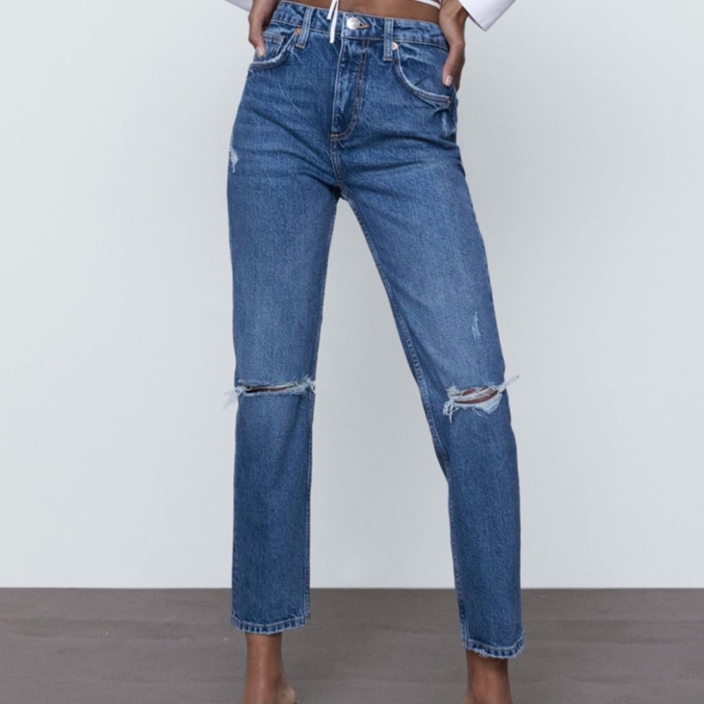 ZARA SLIM FIT HIGH RISE RIPPED JEANS